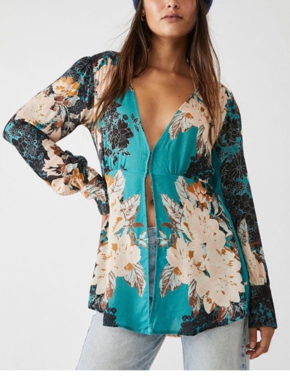 Free People Teal Floral V-Neck Tunic with Cream & Black Accents